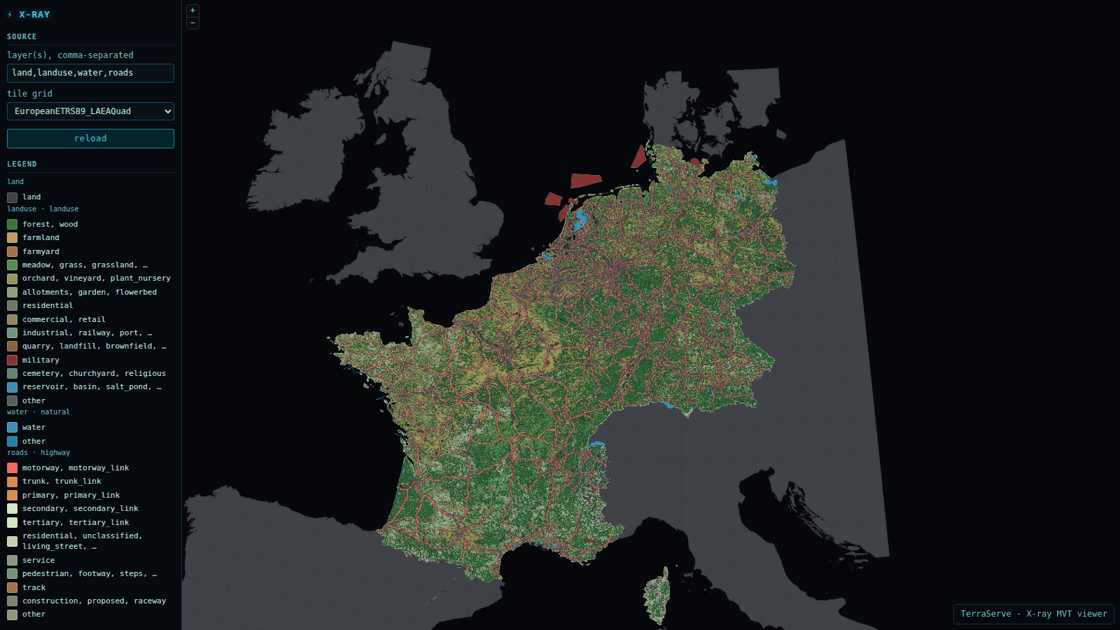 The eu5 opening view at zoom 3: landuse classes, water and roads over France, Germany and the Benelux on the EU's LAEA grid, unmapped land in neutral grey, the sea near-black, one legend section per layer