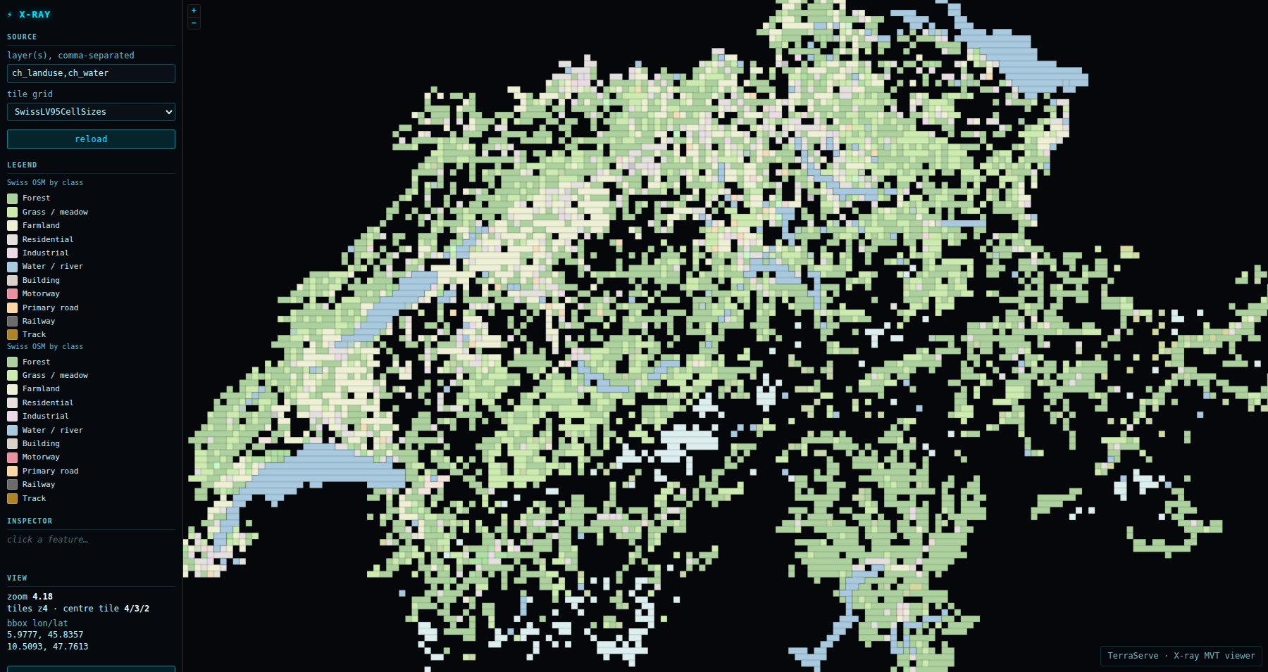 Switzerland's land cover as a coarse mosaic on the eCH-0056 Swiss grid, in the TerraServe X-ray viewer