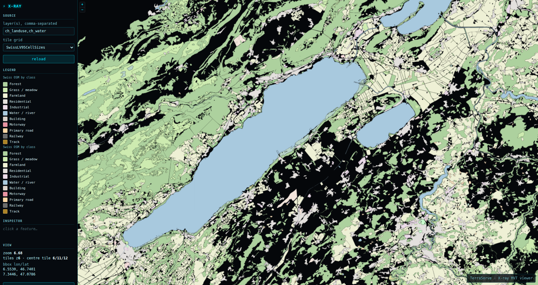 Zoomed in on the Lake of Neuchâtel and Lake Biel: real land-cover polygons, forests, field parcels and settlements